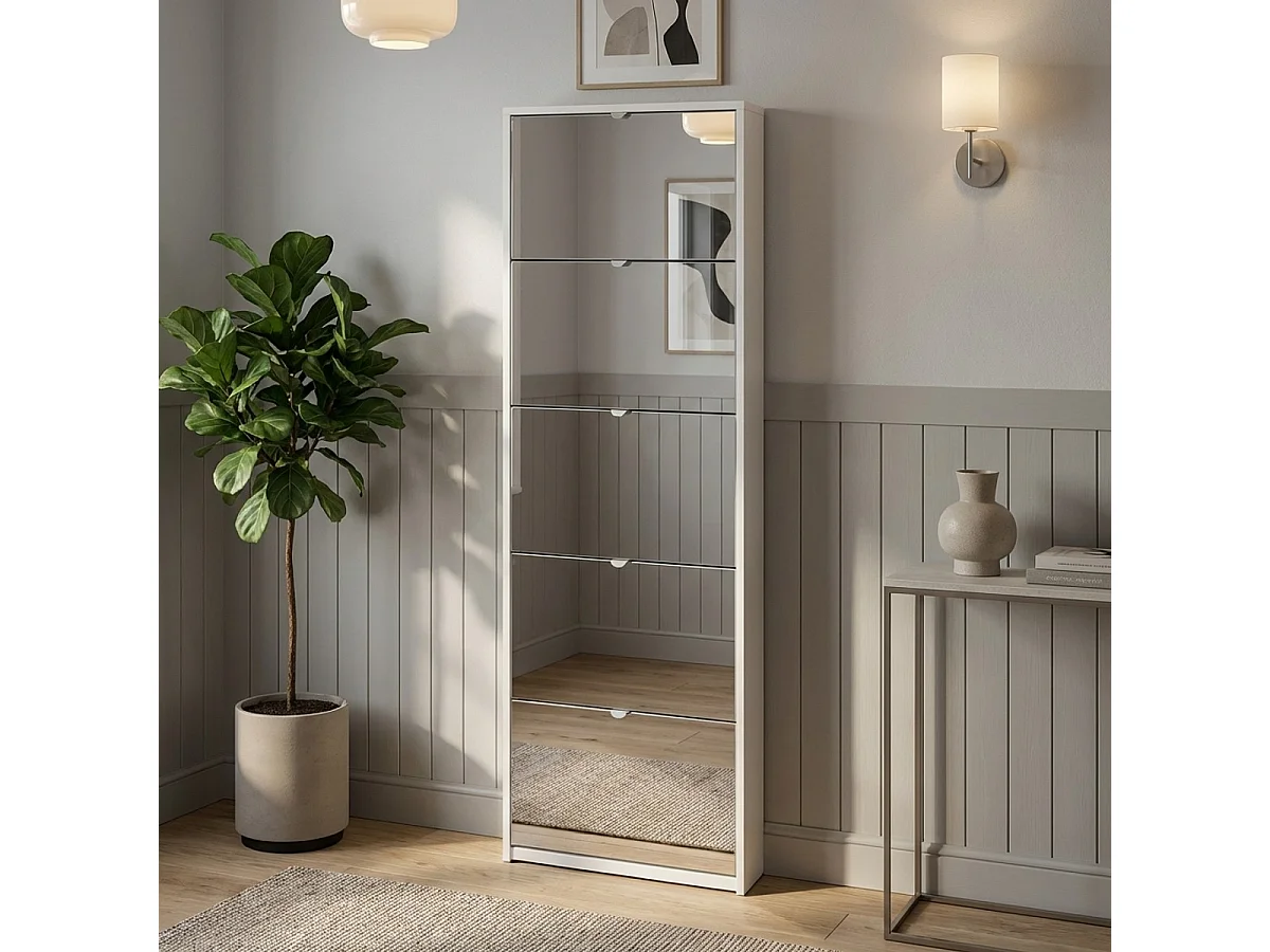 Meuble à chaussures 5 portes avec miroir design moderne pour 12 paires de chaussures Darcy - Blanc