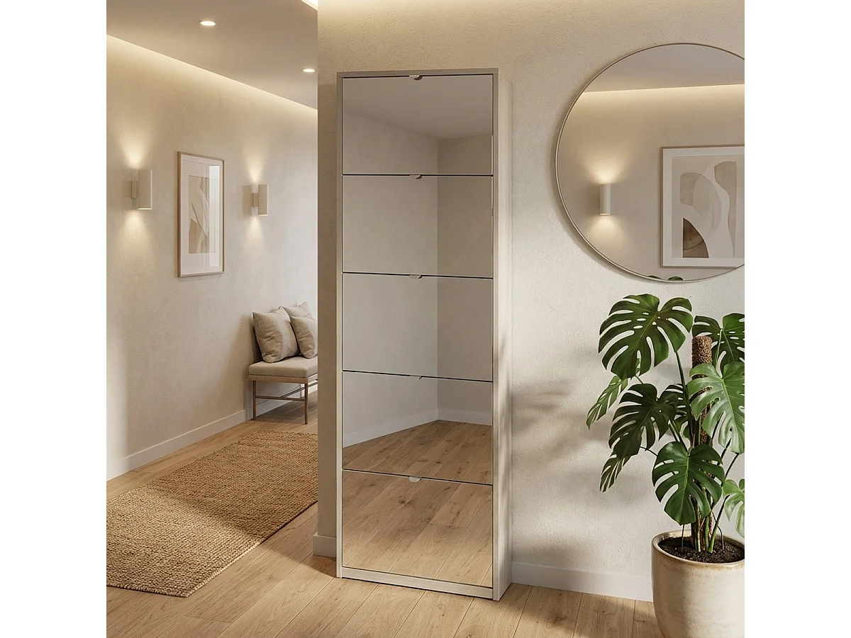 Schuhschrank Darcy mit 5 Türen und Spiegel, modernes Design für 12 Paar Schuhe - Ulme