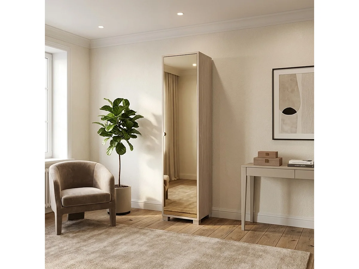 Armoire colonne avec porte-miroir 4 étagères réglables Beck - Orme
