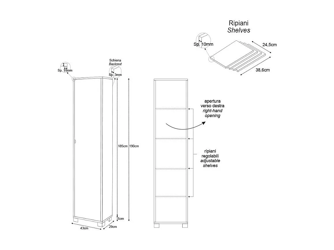 Colonna 1 anta specchio kit l43 p29 h190 in truciolare nobilitato color bianco fiammato
