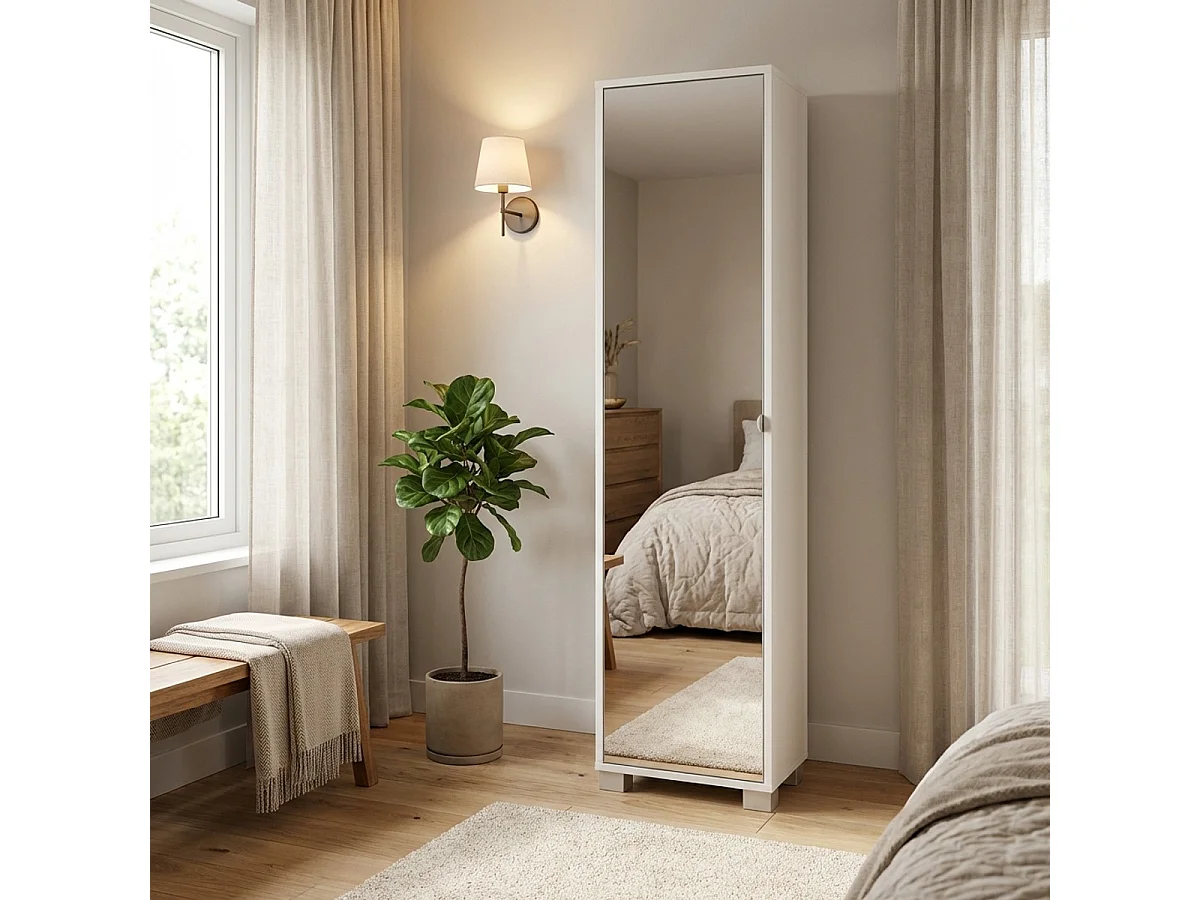 Armoire colonne avec porte-miroir 4 étagères réglables Beck - Blanc