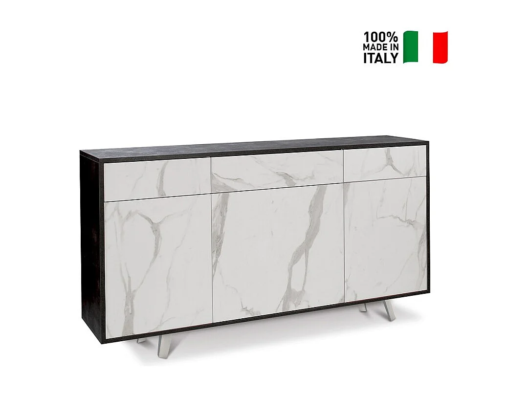 Mueble de salón moderno 3 puertas 3 cajones aparador de cocina Dalgo - Negro - Mármol Calacatta