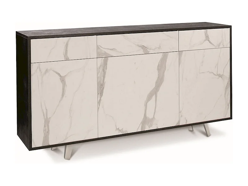 Mueble de salón moderno 3 puertas 3 cajones aparador de cocina Dalgo - Negro - Mármol Calacatta