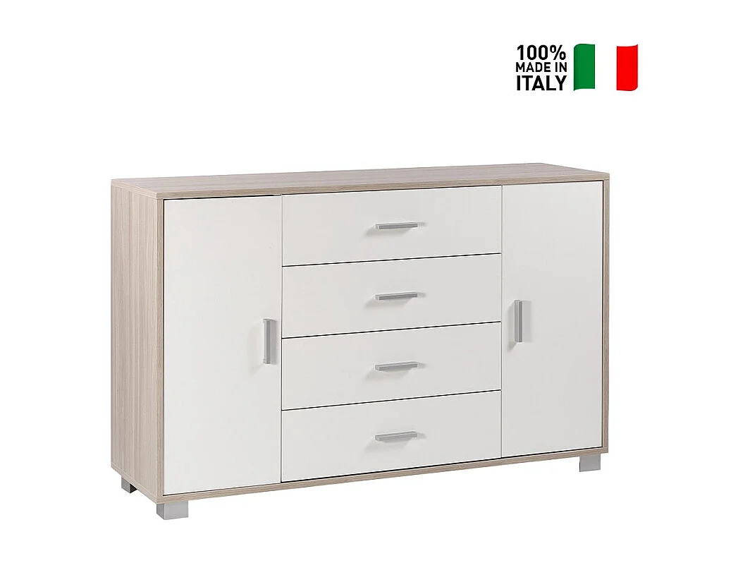 Sideboard Anrichte mit 2 Türen, 4 Schubladen, TV-Möbel Buffet Wohnzimmer Talia - Ulme - Weiß