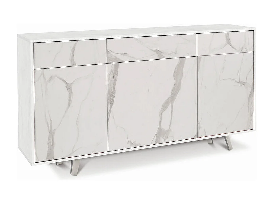 Moderner Wohnzimmer-Schrank 3 Türen 3 Schubladen Sideboard Küche Dalgo - Weiß - Calacatta-Marmor