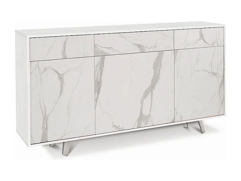 Mueble de salón moderno 3 puertas 3 cajones aparador de cocina Dalgo - Blanco - Mármol Calacatta