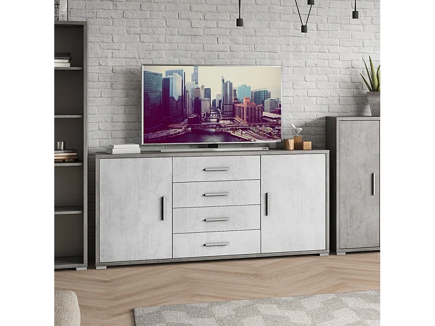 Moderne Anrichte mit 2 Türen und 4 Schubladen für das Wohnzimmer Cleore - Grau - Weiß