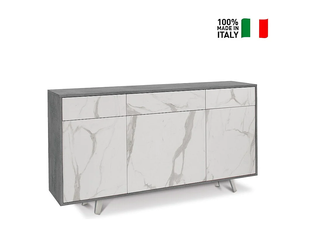 Moderner Wohnzimmer-Schrank 3 Türen 3 Schubladen Sideboard Küche Dalgo - Grau - Calacatta-Marmor