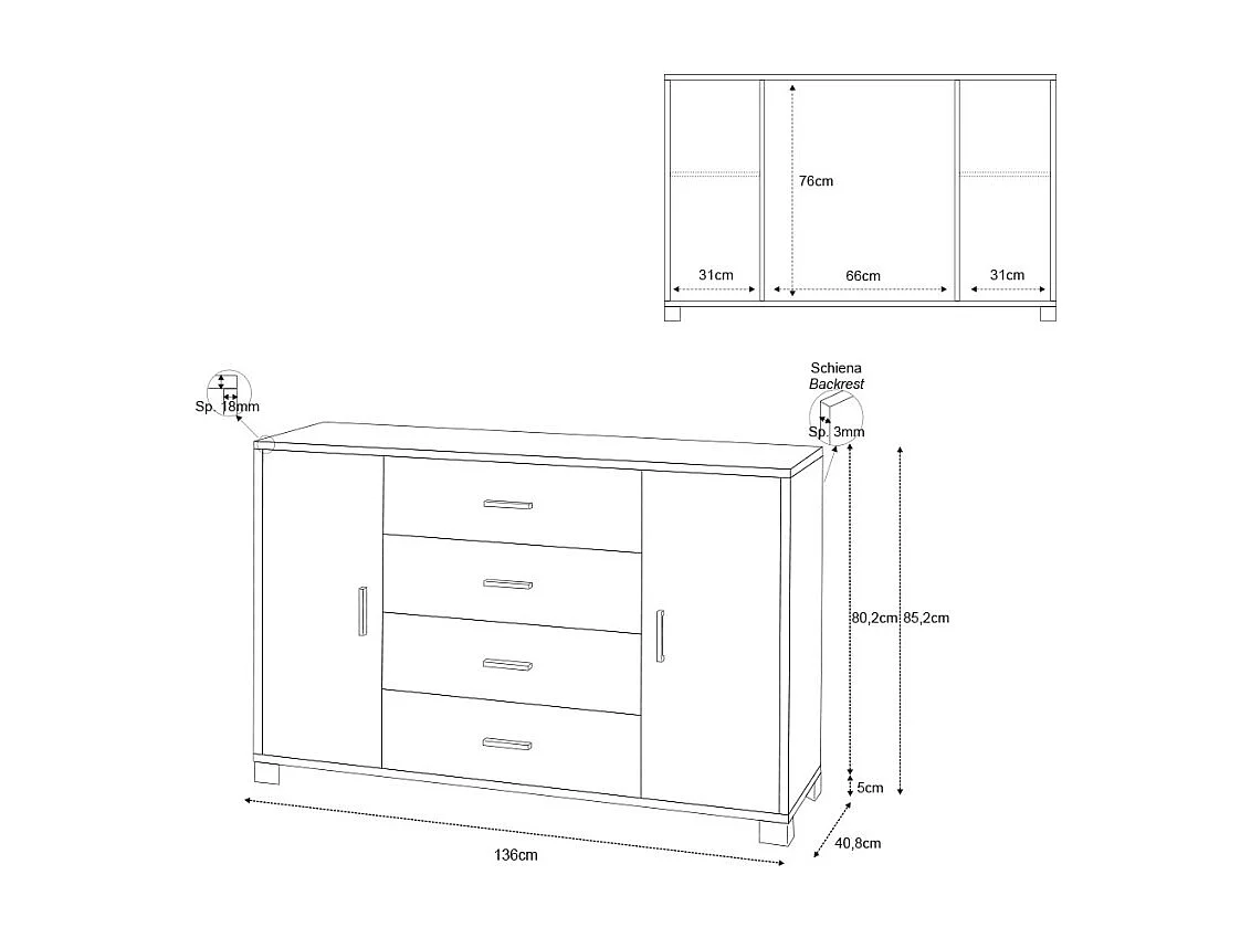Sideboard Anrichte mit 2 Türen, 4 Schubladen, TV-Möbel Buffet Wohnzimmer Talia - Weiß