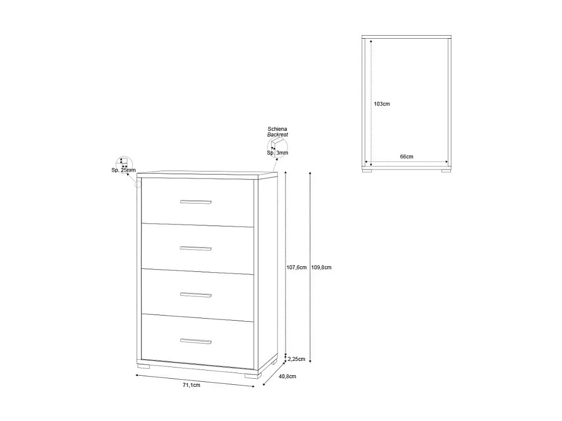 Cajonera dormitorio 4 cajones oficina diseño moderno Adelia - Blanco - Gris