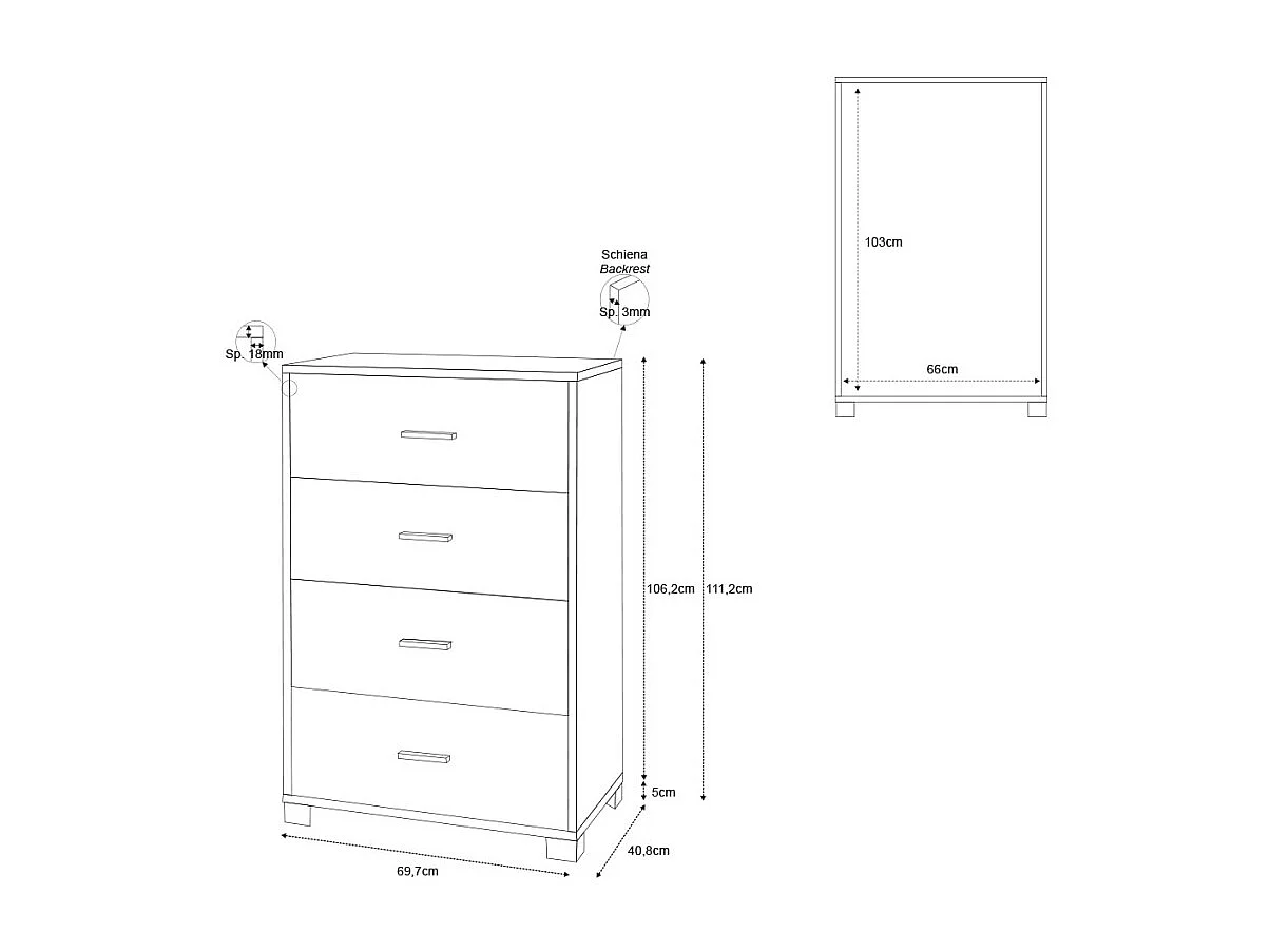 Cajonera dormitorio 4 cajones oficina diseño moderno Elita - Blanco