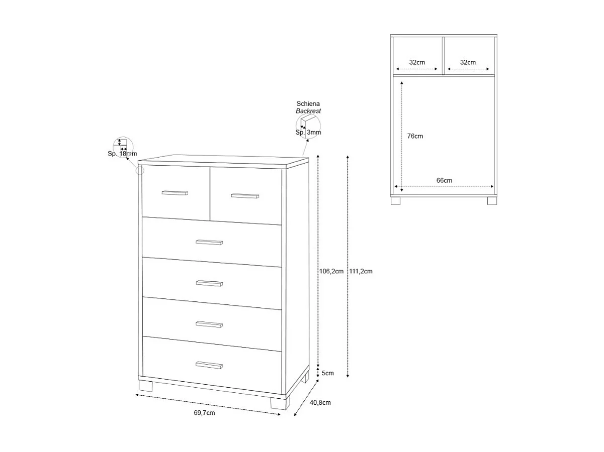 Moderne Design-Kommode 6 Schubladen Wohnzimmer Schlafzimmer Mera - Weiß