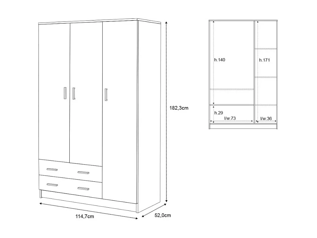 Armario ropero moderno dormitorio 3 puertas 2 cajones Mell - Blanco