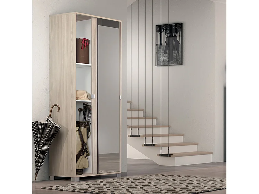 Armario de almacenamiento 2 puertas correderas de espejo 8 baldas Livo - Blanco