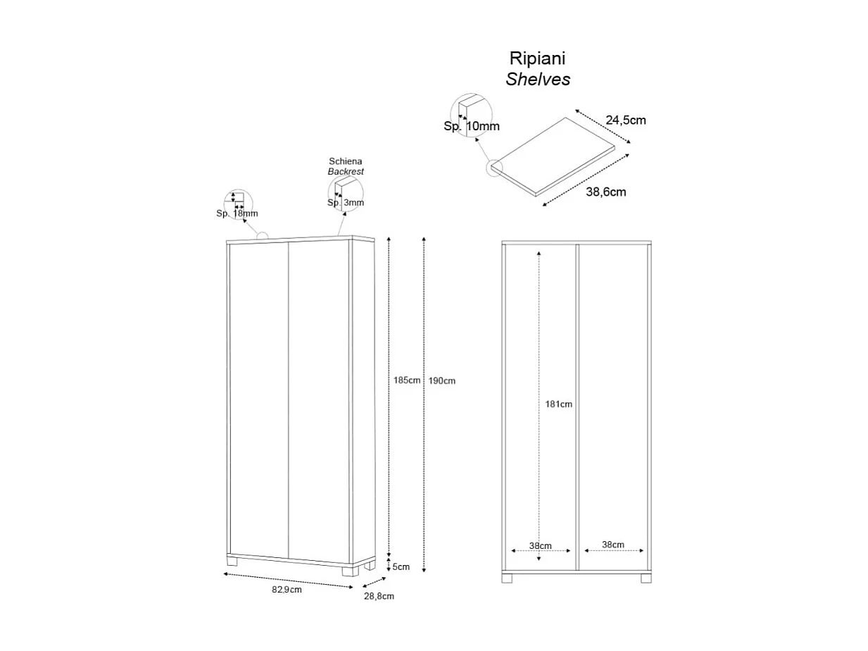 Multifunktionsschrank mit Spiegeltüren 2-türig 8 verstellbare Einlegeböden Arlan - Ulme