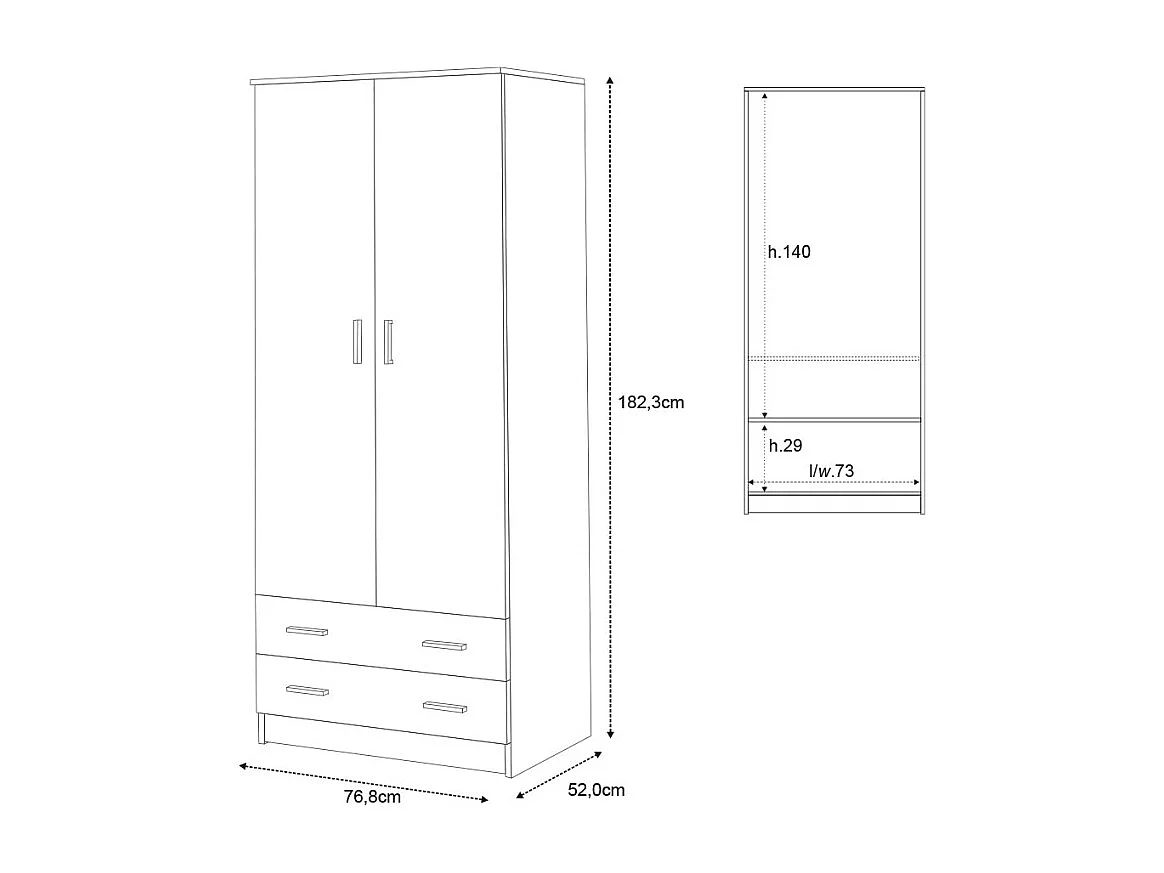 Armario ropero dormitorio moderno 2 puertas 2 cajones Fanny - Blanco