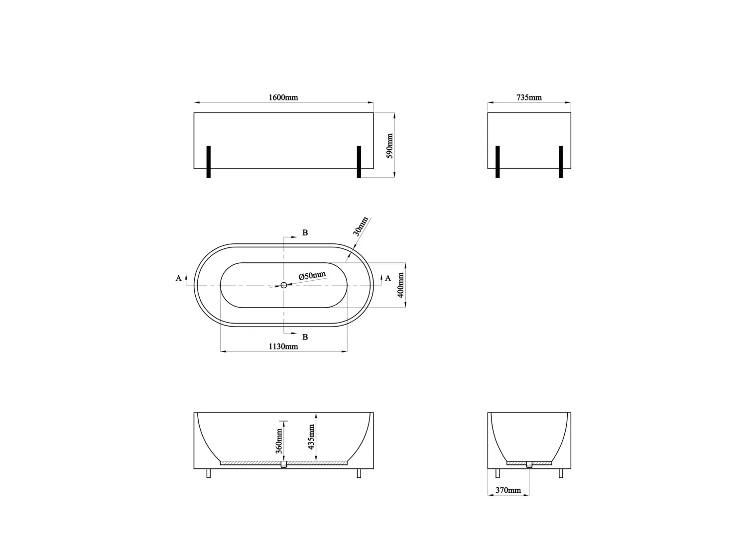 Wanna wolnostojąca owalna biała ze złotymi nóżkami - 160 x 73,5 x 59 cm - ALONSA