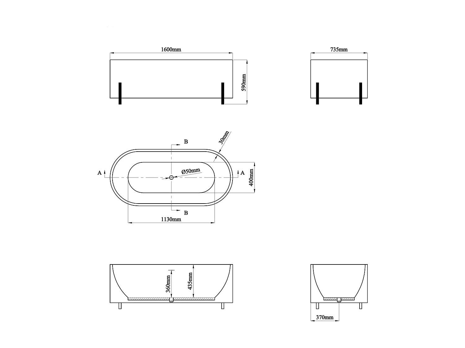 Wit ovaal vrijstaand bad met goudkleurige poten - 160 x 73,5 x 59 cm - ALONSA