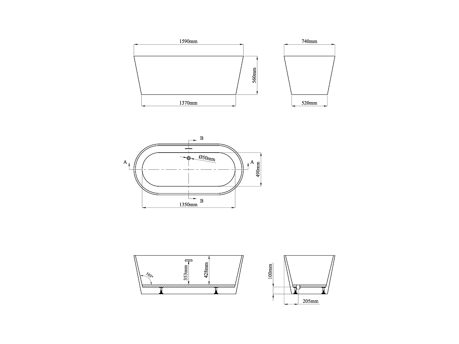 Vasca da bagno freestanding ovale 255L 159 x 74 x 56 cm Blu opaco Acrilico - LUZECA