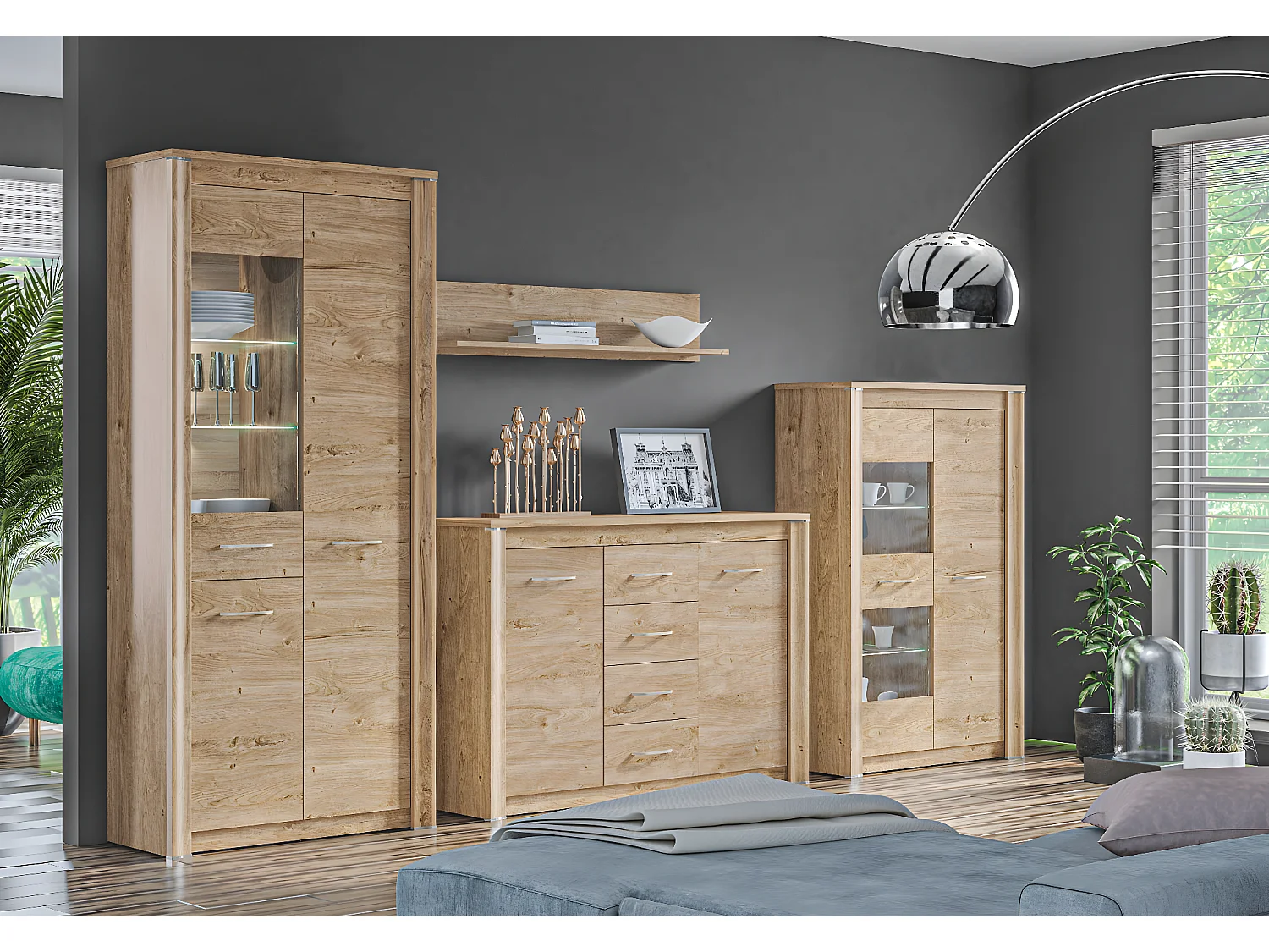 WOHNWAND Luis Ribbeck Eiche, champagnerfarben verchromt, 4-teilig