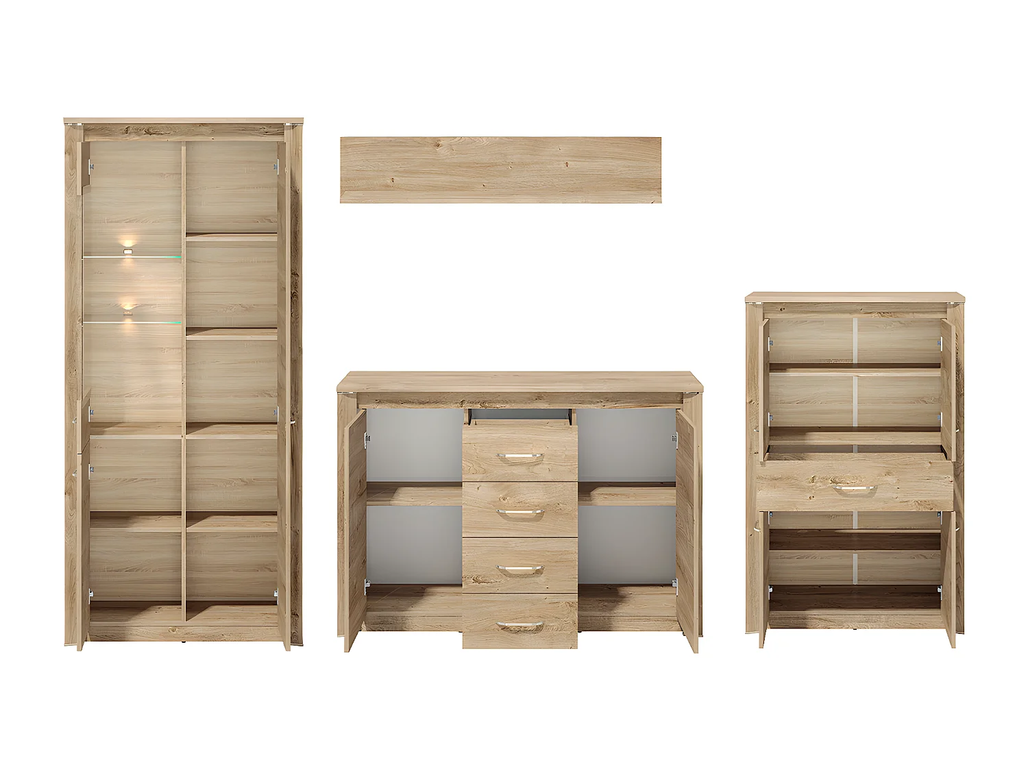 WOHNWAND Luis Ribbeck Eiche, champagnerfarben verchromt, 4-teilig