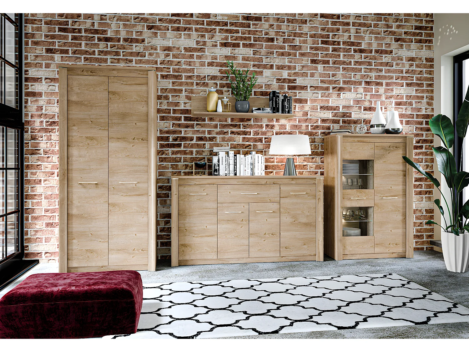 WOHNWAND Luis  Ribbeck Eiche, champagnerfarben verchromt, 4-teilig