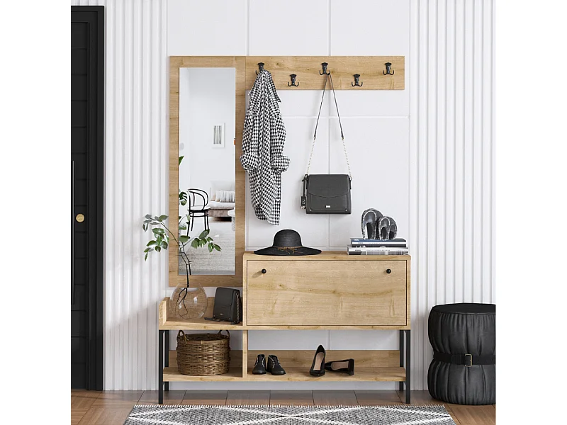Móvel de entrada multifuncional DRAGOR com cabideiro, espelho e arrumação para sapatos