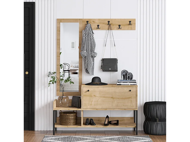 Multifunctionele halmeubel DRAGOR met kapstok, spiegel en schoenenopbergruimte