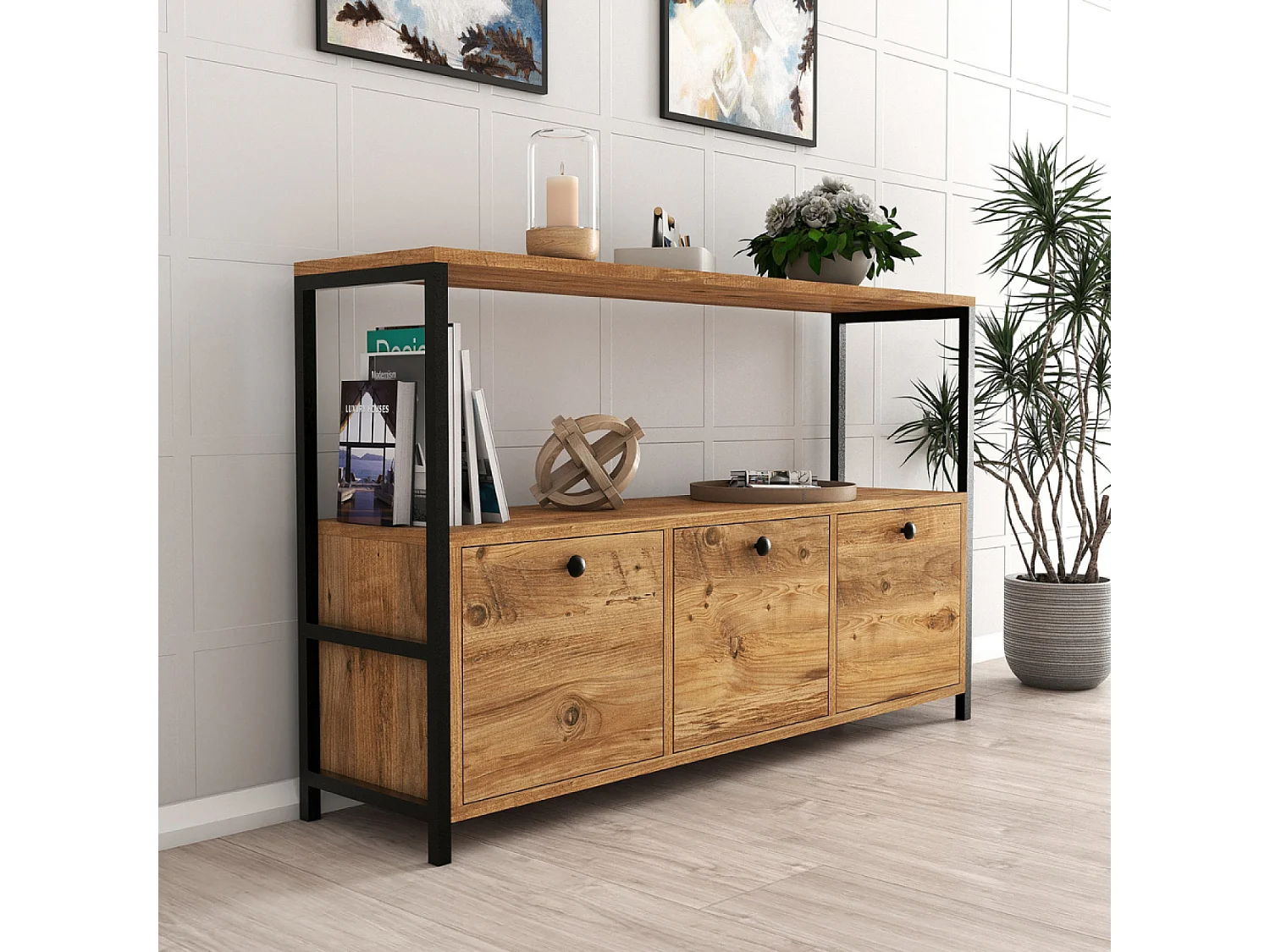 Buffet 3 portes style industriel bois-noir DRAGOR