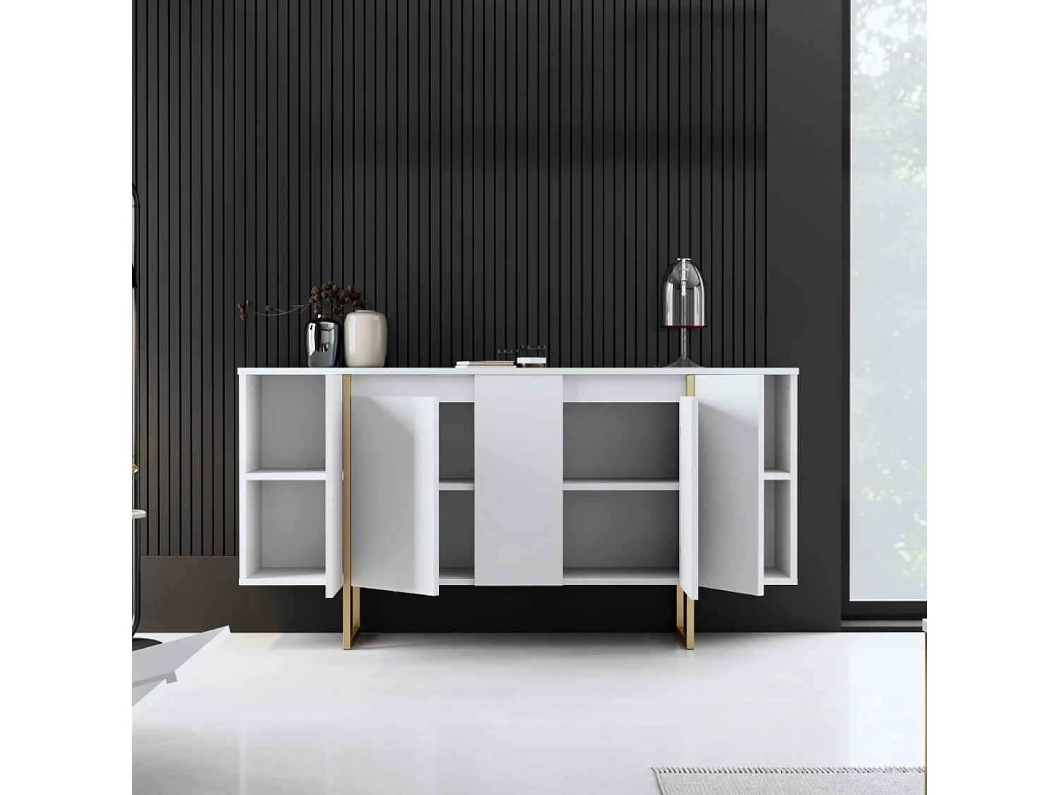 LUXOR - Credenza design bianco e oro da 160 cm - 4 ante