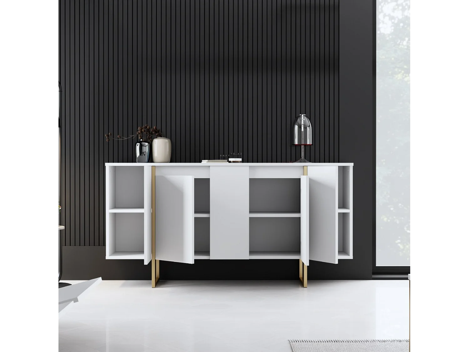 Buffet design blanc et or 160 cm - 4 portes LUXOR