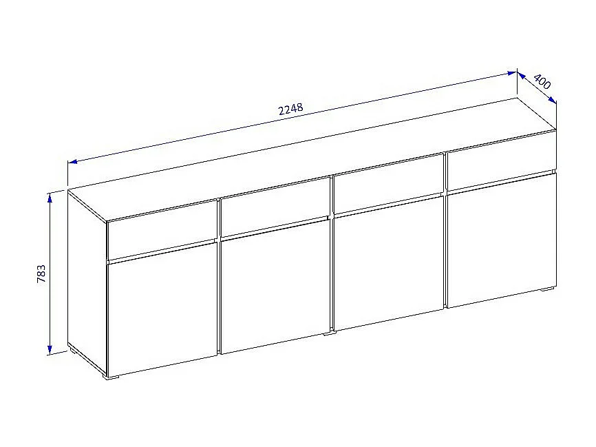 Buffet XL Farbe Eiche und Schwarz 225cm Kollektion HAVANA. Sideboard Design mit 4 Türen und 4 Schubladen.