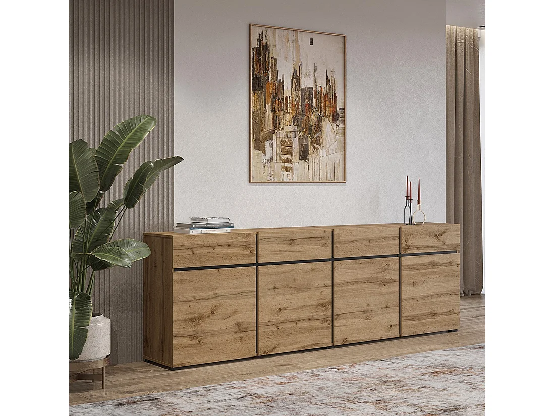Buffet XL Farbe Eiche und Schwarz 225cm Kollektion HAVANA. Sideboard Design mit 4 Türen und 4 Schubladen.