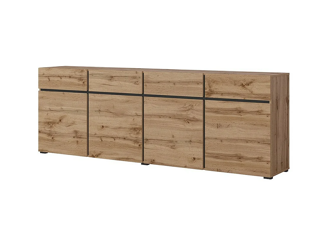 Buffet XL coloris chêne et noir 225cm collection HAVANA. Bahut  design avec 4 portes et 4 tiroirs.
