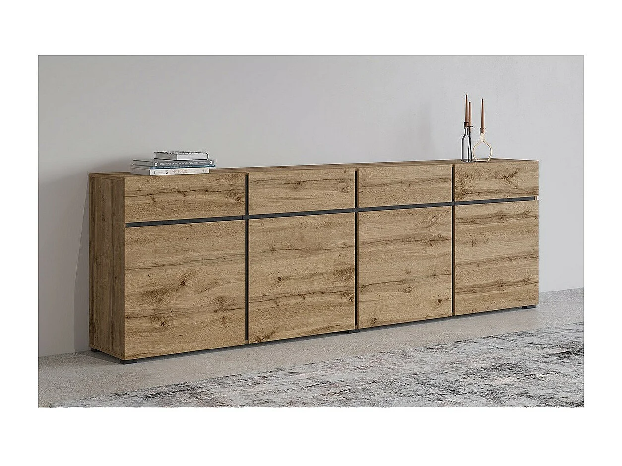 Buffet XL coloris chêne et noir 225cm collection HAVANA. Aparador de diseño con 4 puertas y 4 cajones.