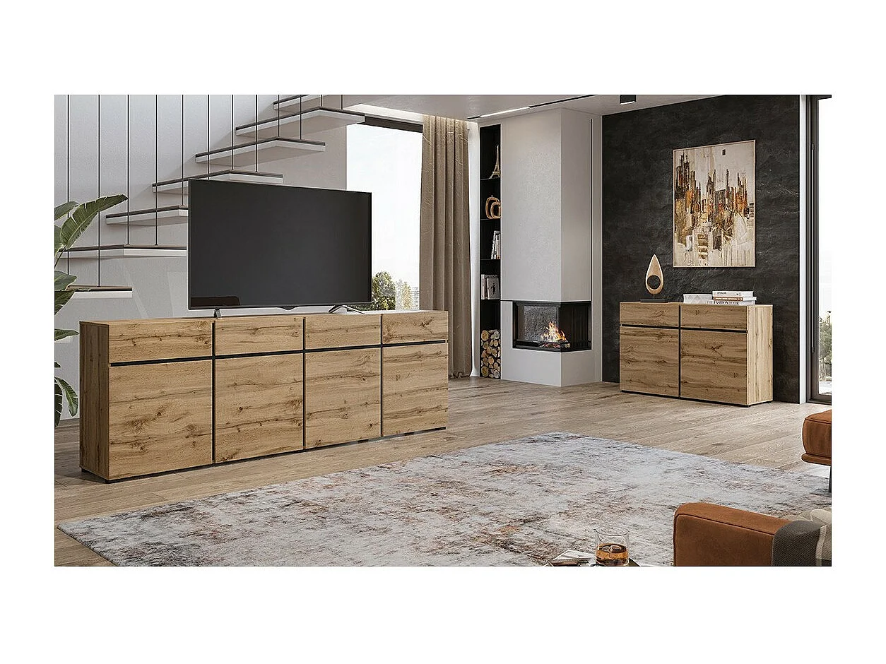 Buffet XL coloris chêne et noir 225cm collection HAVANA. Aparador de diseño con 4 puertas y 4 cajones.