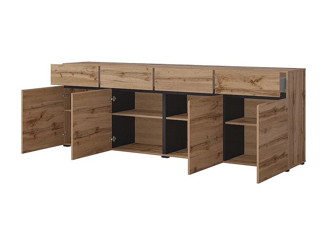 Buffet XL coloris chêne et noir 225cm collection HAVANA. Aparador de diseño con 4 puertas y 4 cajones.