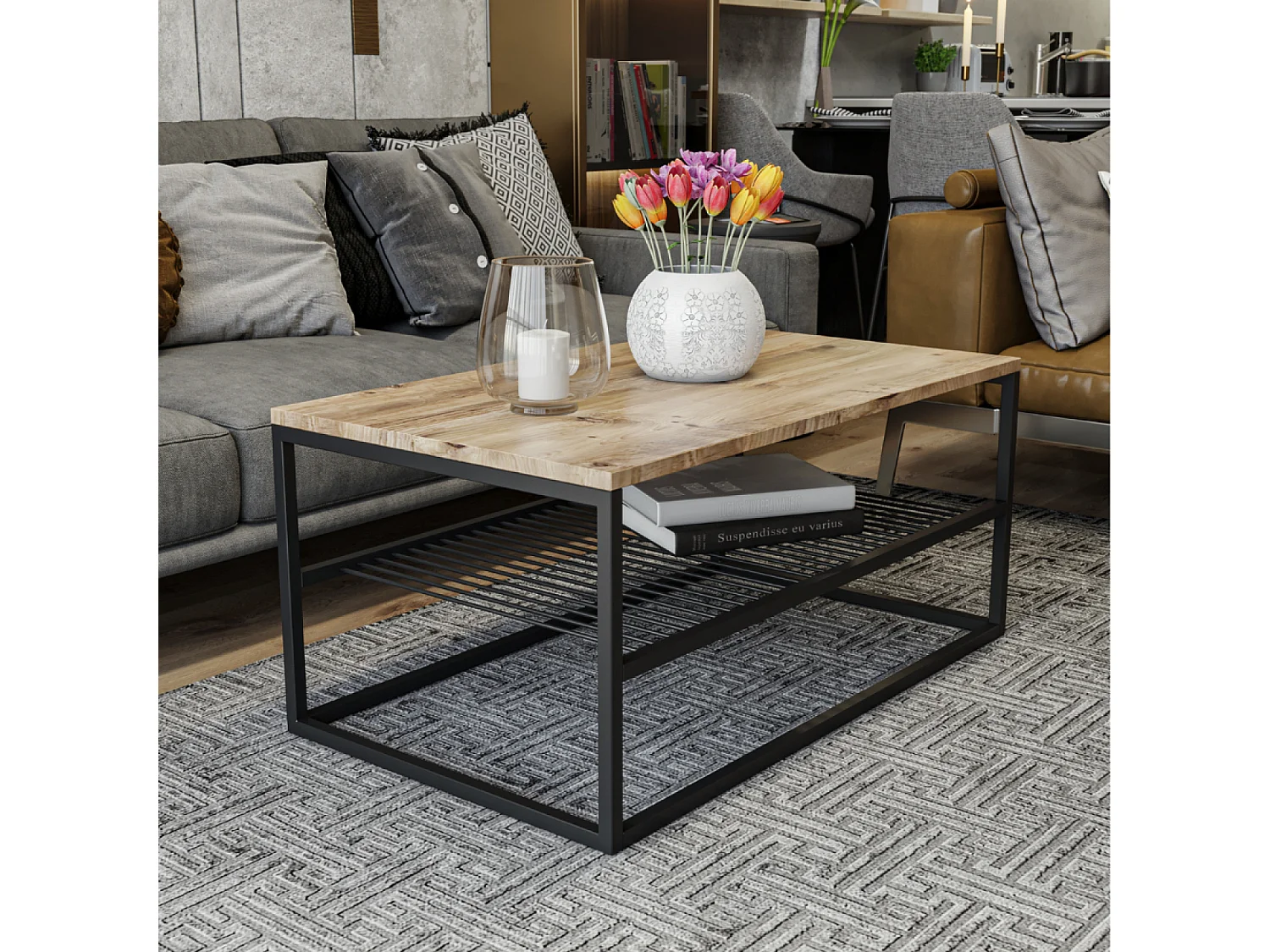 Industriële salontafel met natuurlijk houten plank en zwart metaal