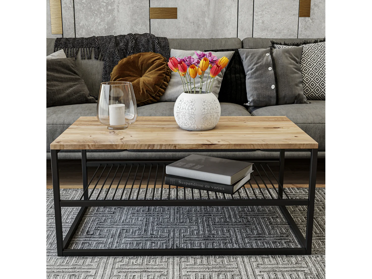 Industriële salontafel met natuurlijk houten plank en zwart metaal