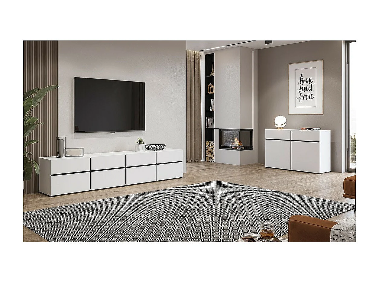 Meuble TV XL coloris blanc et noir 225cm collection HAVANA. Meuble design avec 4 portes et 4 tiroirs.