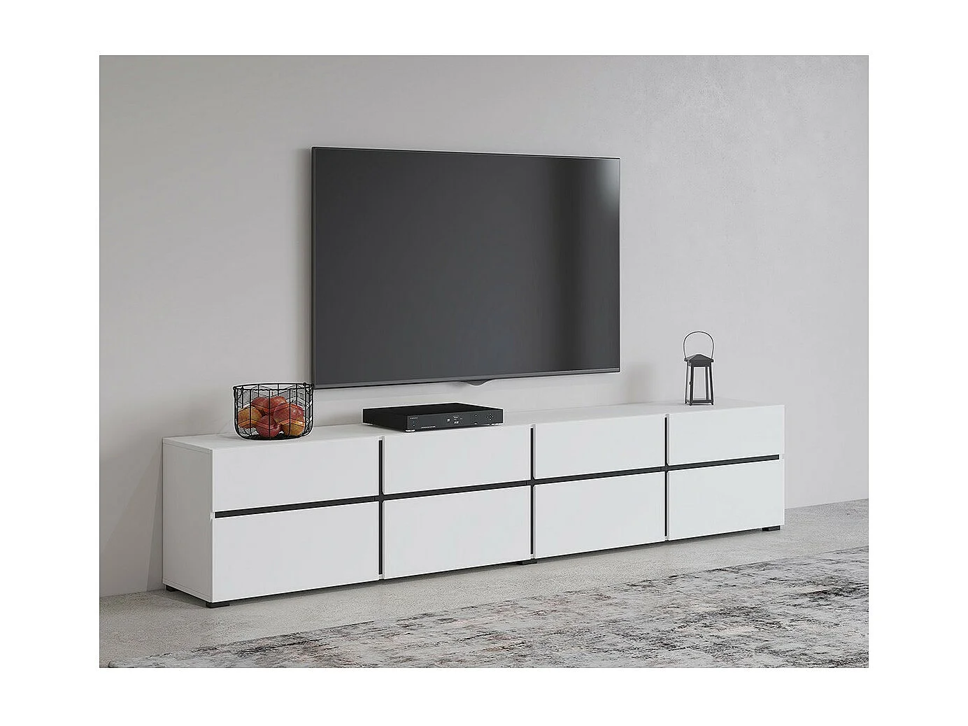TV-meubel XL in wit en zwart 225cm collectie HAVANA. Design meubel met 4 deuren en 4 laden.