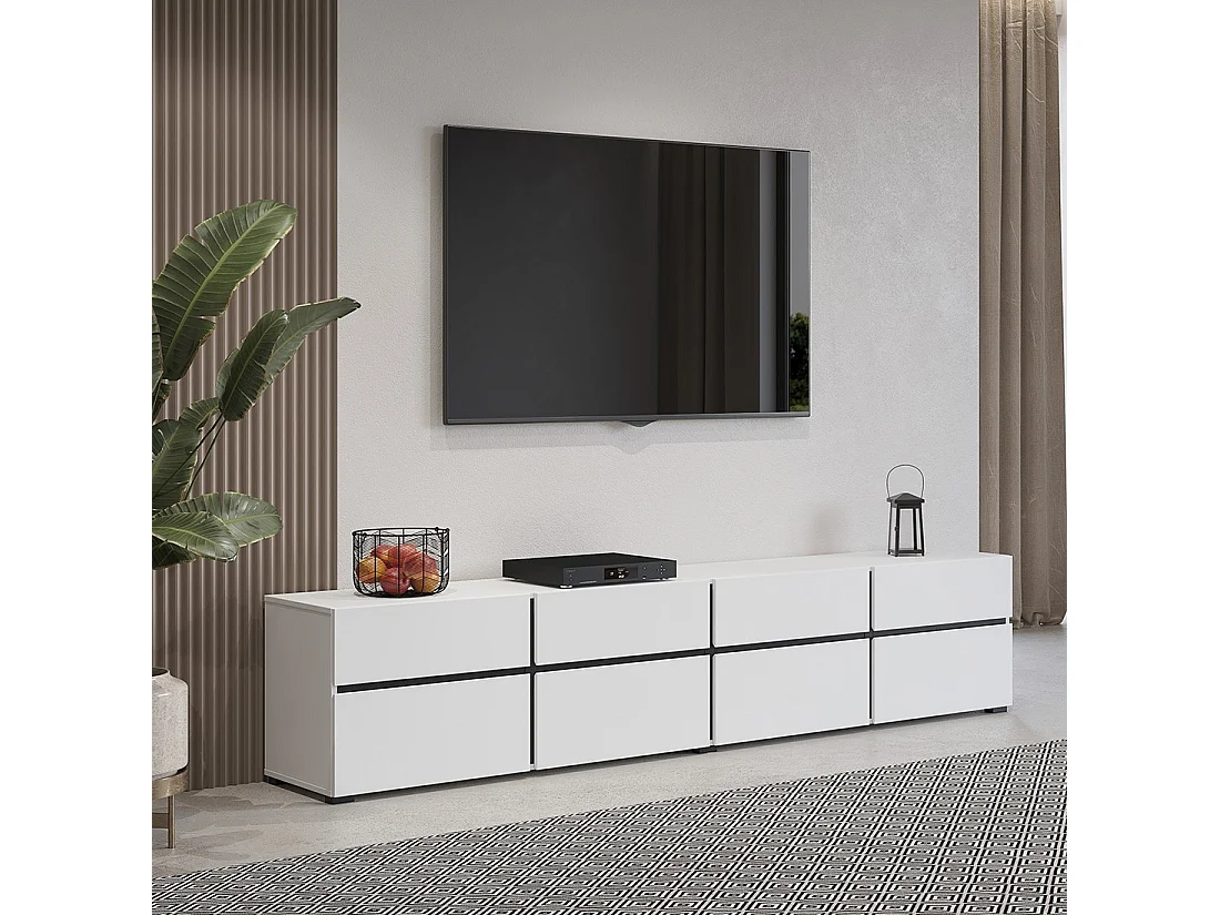 TV-meubel XL in wit en zwart 225cm collectie HAVANA. Design meubel met 4 deuren en 4 laden.