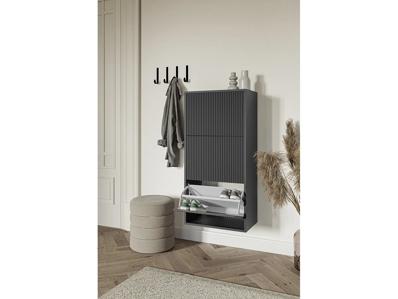 Wand-Schuhschrank mit 3 Klappen - Schwarz - 50 cm - VELDIO