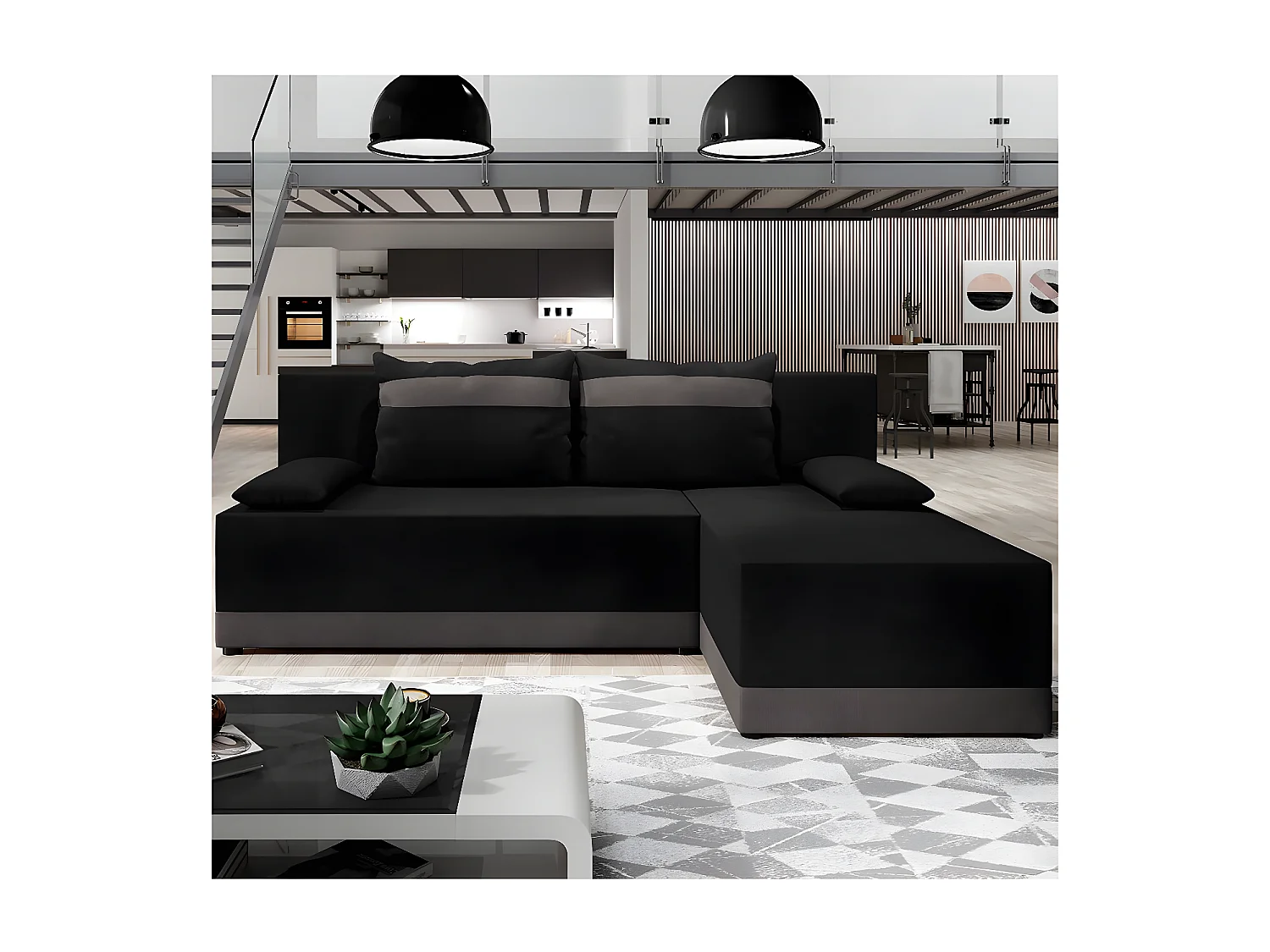 Canapé d'angle gauche convertible + coffre " Roco L"- 3 places - 200 x 139 x 83 cm - Noir Gris