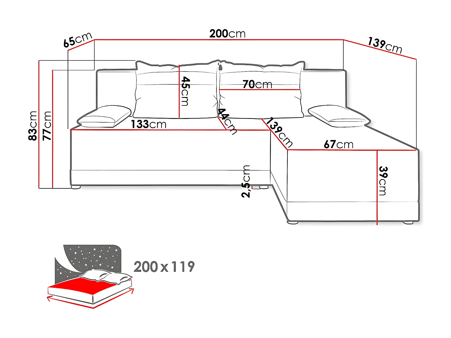 Canapé d'angle gauche convertible + coffre " Roco L"- 3 places - 200 x 139 x 83 cm - Noir Gris