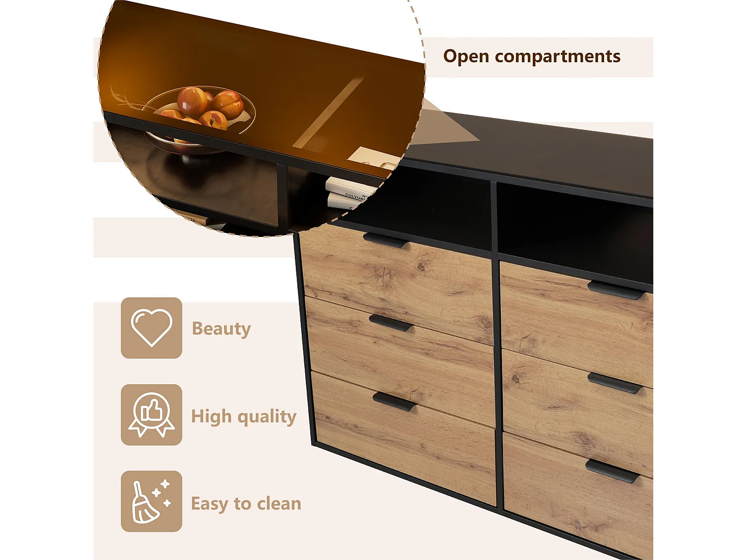 Cómoda con 6 cajones y 2 compartimentos - tapa de cristal - Marrón