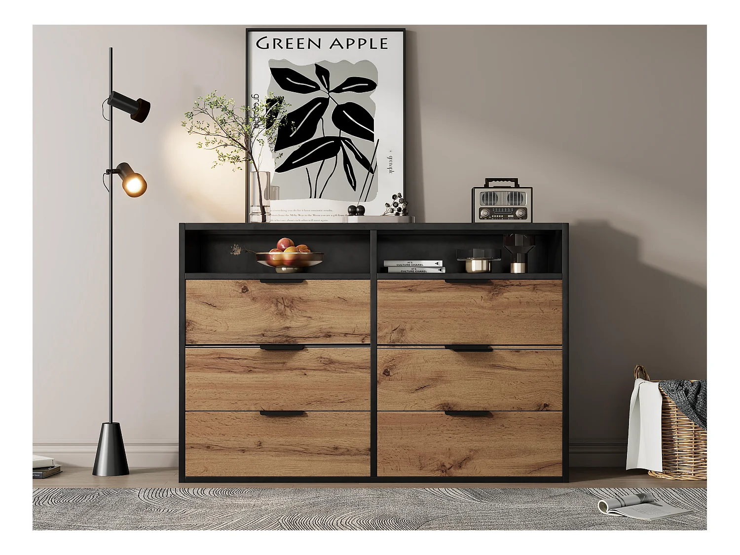 Commode avec 6 tiroirs et 2 compartiments - plateau en verre - Marron