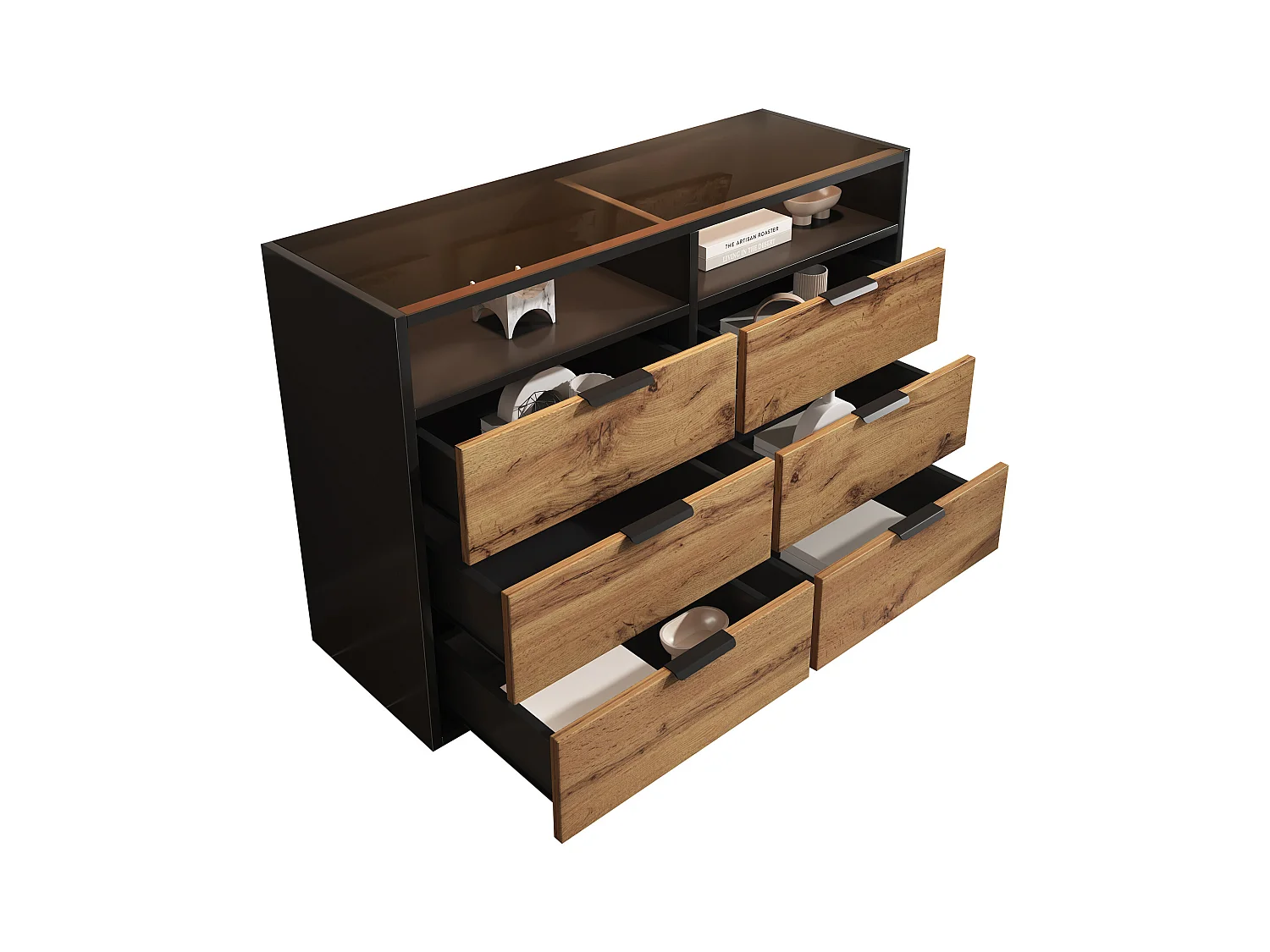 Kommode mit 6 Schubladen und 2 Fächern – Glasplatte – Braun