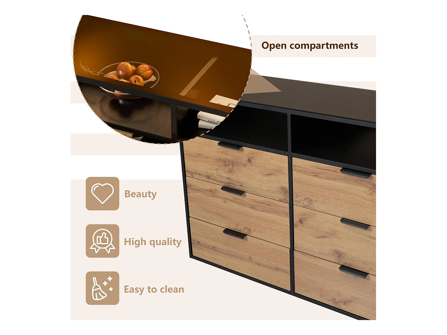 Kommode mit 6 Schubladen und 2 Fächern – Glasplatte – Braun