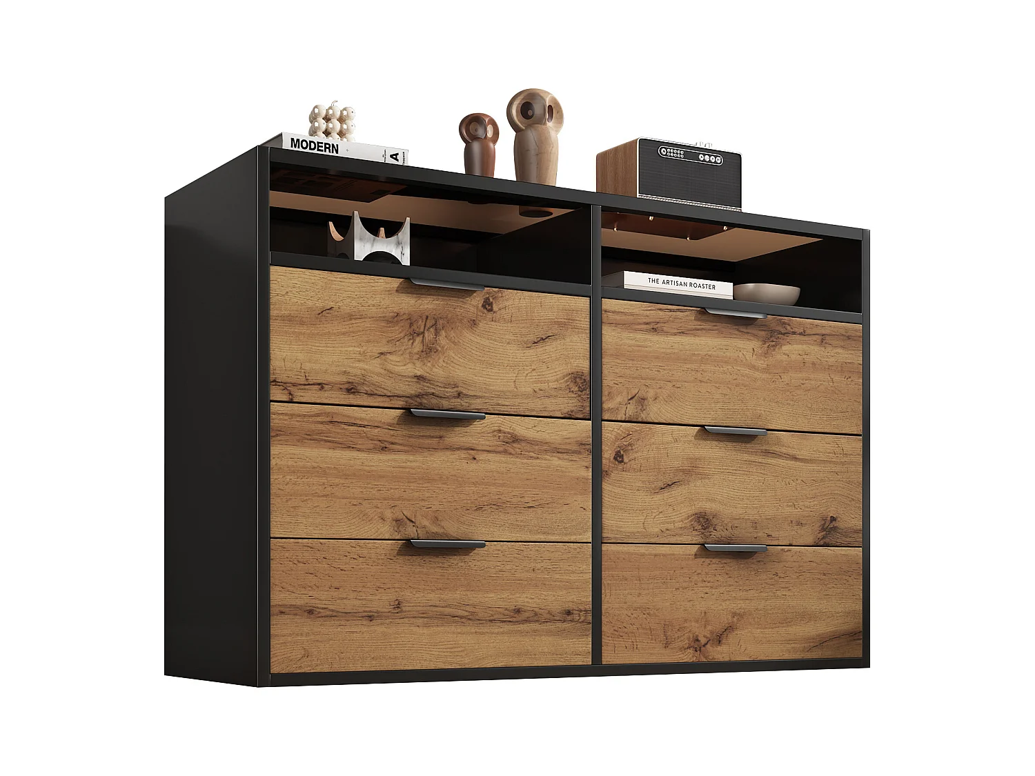 Kommode mit 6 Schubladen und 2 Fächern – Glasplatte – Braun